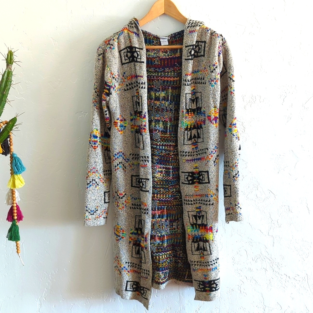 NORTHERN ANGEL Colorful Aztec Knit Long Line Hoodie Cardigan Sweater Size Medium